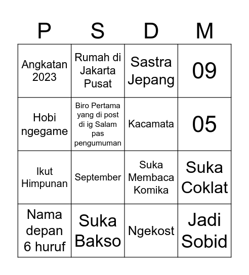 Soal Kedua Bingo Card