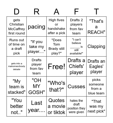 FANTASY FOOTBALL DRAFT BINGO Card