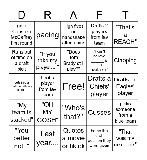 FANTASY FOOTBALL DRAFT BINGO Card