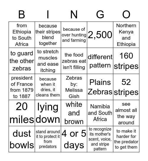 Zebras  By:  Melissa Gish Bingo Card