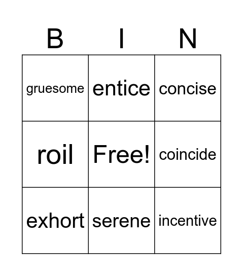 Vocabulary September 2-8 Bingo Card