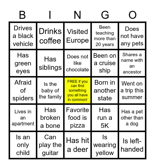 FACULTY FAMILIARITY BINGO RACE Bingo Card