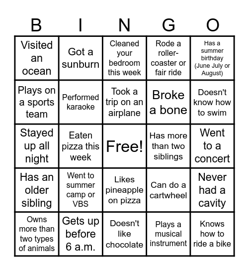 Classroom Bingo Card