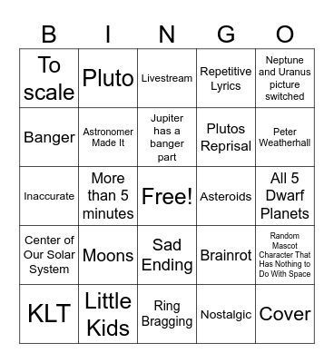 Solar System Songs Bingo Card