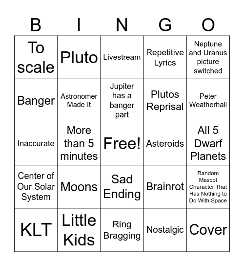 Solar System Songs Bingo Card