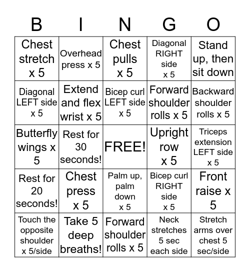 Bingo Exercise Bingo Card