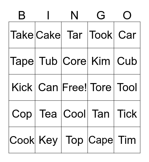 /t/ and /k/ bingo Card