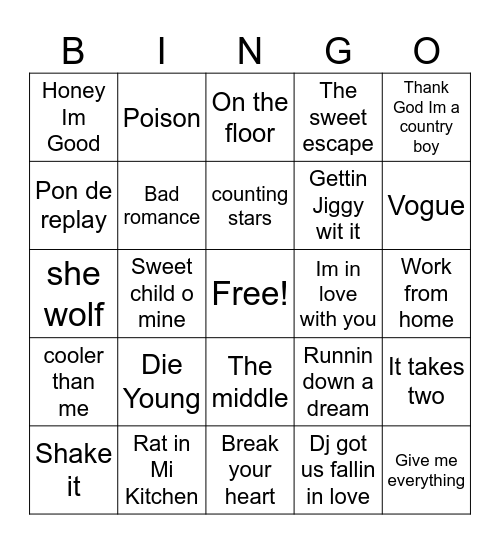 Fun Songs 2 Bingo Card