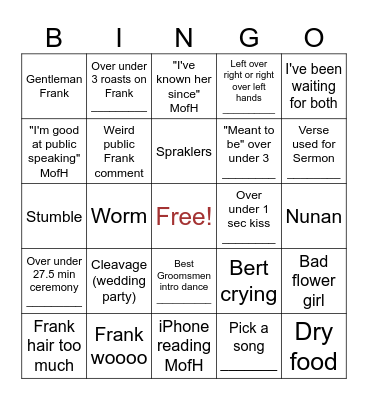 Frank's Wedding Bingo Card