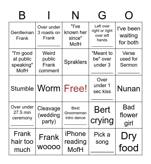 Frank's Wedding Bingo Card