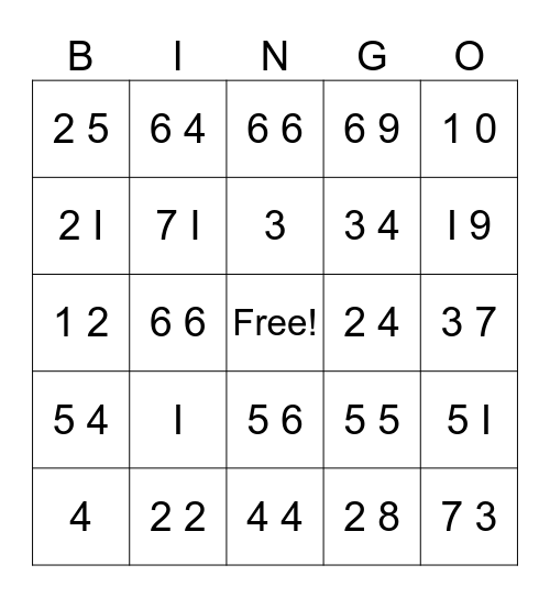 Number Bingo Card