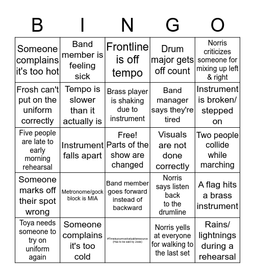 Marching Band Bingo Card