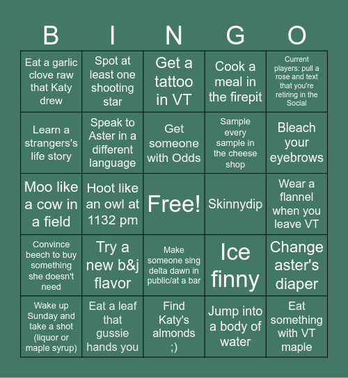 Vermont Bingo Card
