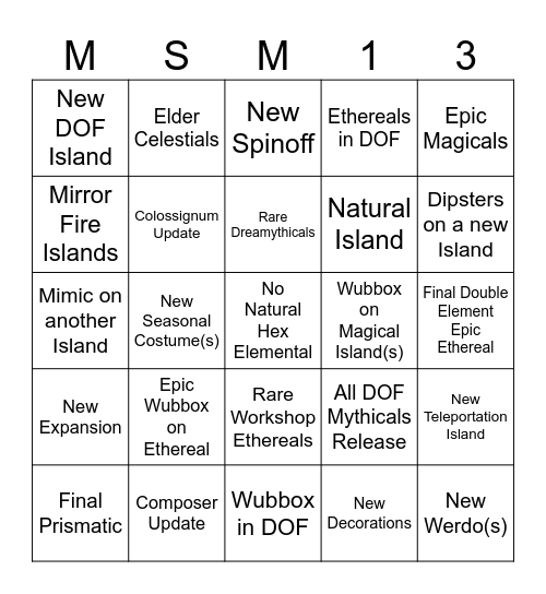 My Singing Monsters Year 13 Bingo Card