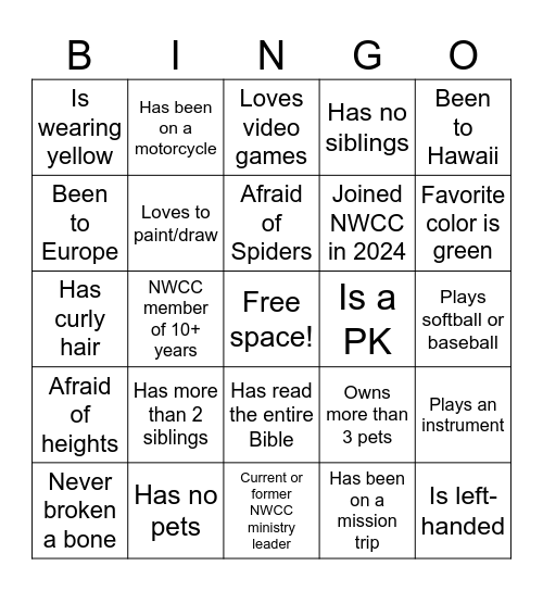 Meet and Greet Bingo Card