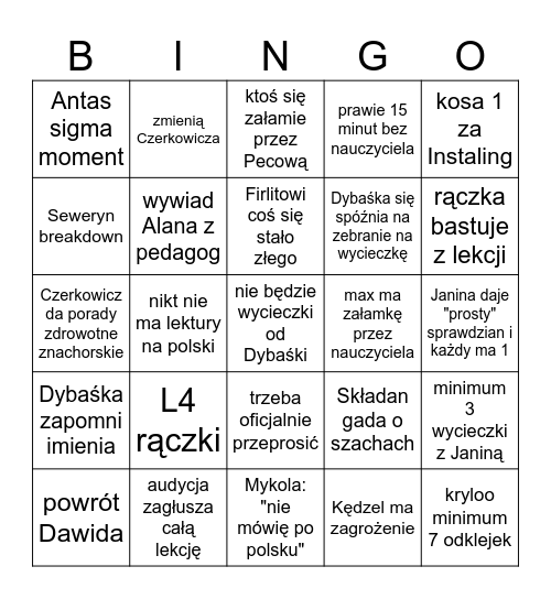 szkoła bingo Card