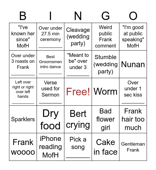 Frank's Wedding Bingo Card