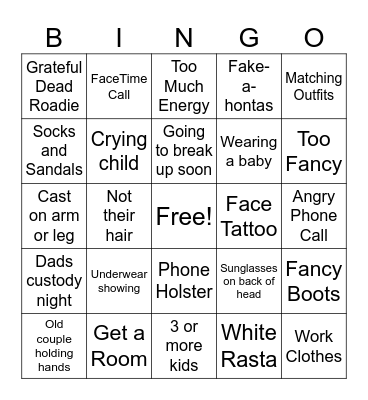 People Watching Bingo Card