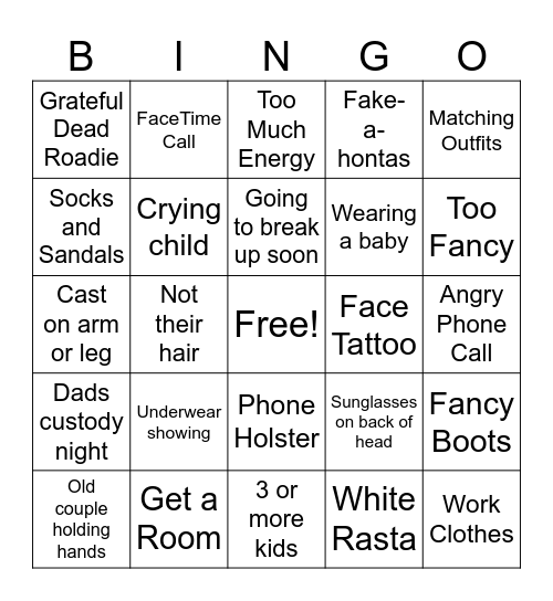 People Watching Bingo Card