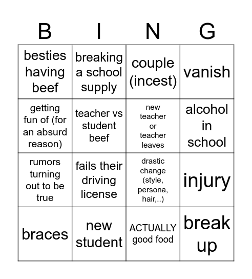 school bingo Card