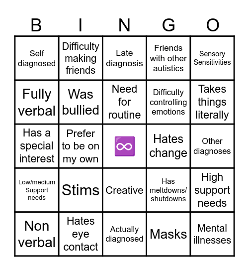 Autism bingo Card