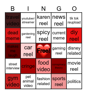 Instagram reel bingo Card