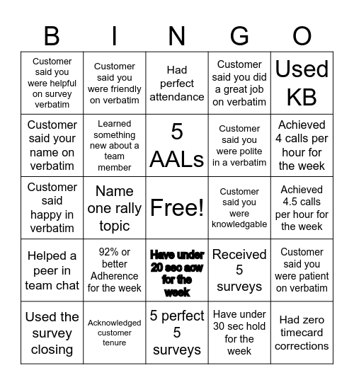 Week one Bingo Card