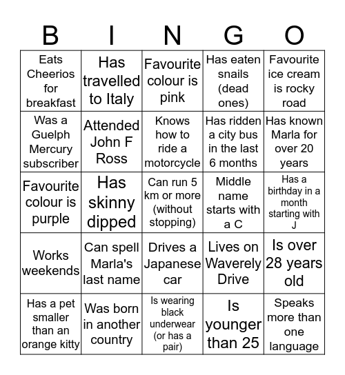 Marla's Party Bingo Card