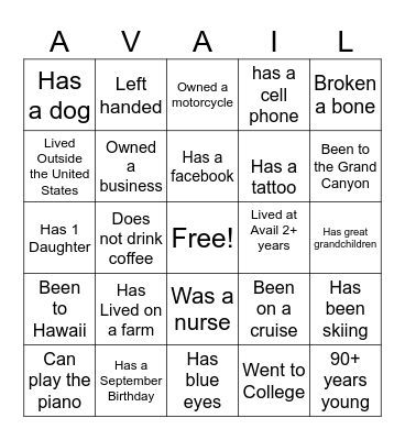 Avail Senior Living Bingo Card