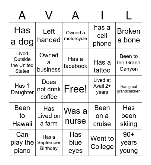 Avail Senior Living Bingo Card