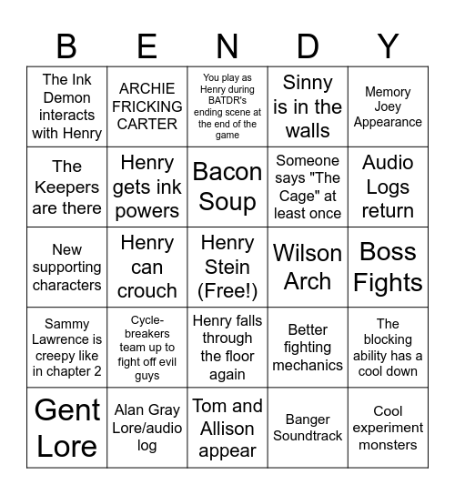 Bendy: The Cage Prediction Bingo Card Bingo Card