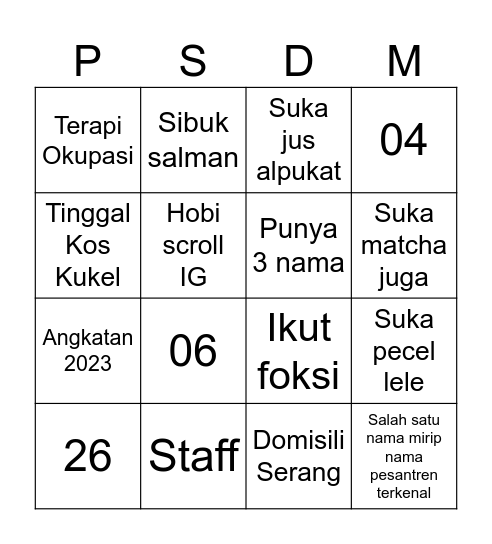 Soal Kedua Puluh Tiga Bingo Card