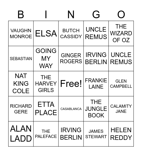 MUSIC MEMORIES FROM MOVIES Bingo Card