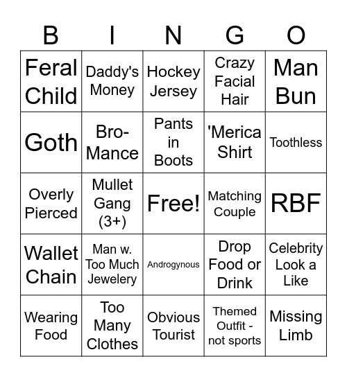 People Watching Bingo Card