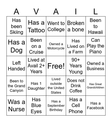 Get to Know Your Neighbor Bingo. Get 5 in a row and bring your bingo card back to the Lobby. You will receive a ticket to cash in for a prize at a later date. Bingo Card