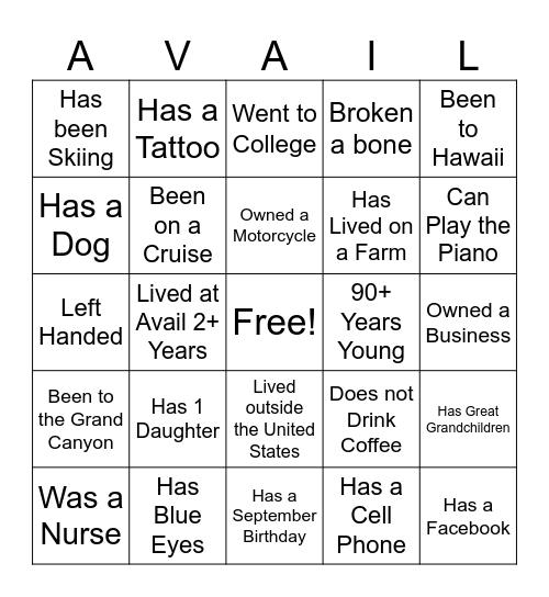 Get to Know Your Neighbor Bingo. Get 5 in a row and bring your bingo card back to the Lobby. You will receive a ticket to cash in for a prize at a later date. Bingo Card