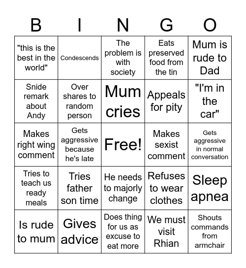 Dad Time Bingo Card