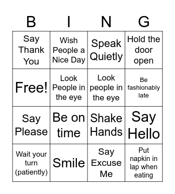 Good Manners in U.S. Bingo Card