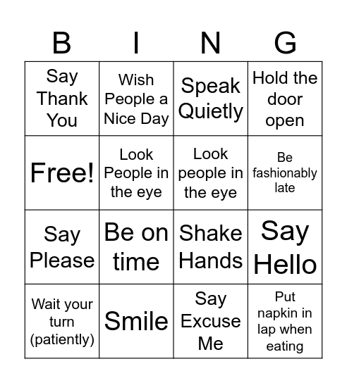 Good Manners in U.S. Bingo Card