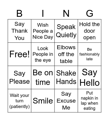 Good Manners in U.S. Bingo Card