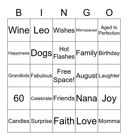 Sue's 60th Birthday Celebration! Bingo Card