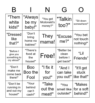 Black Mama Sayings Bingo Card