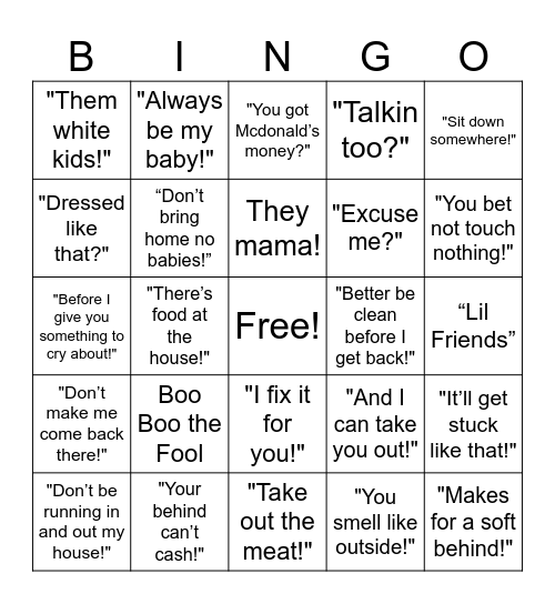 Black Mama Sayings Bingo Card