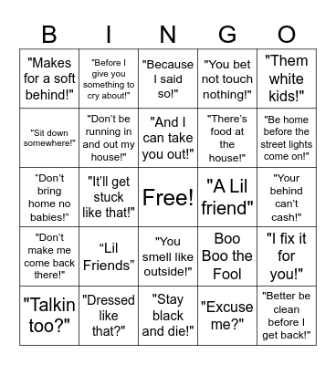 Black Mama Sayings Bingo Card