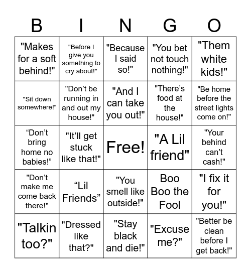 Black Mama Sayings Bingo Card