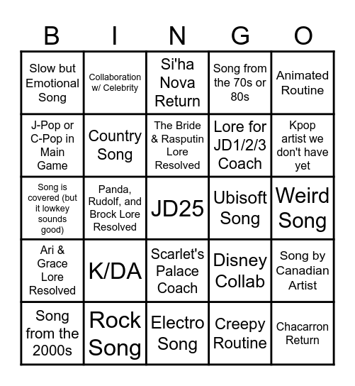 Just Dance 2025 Bingo Card