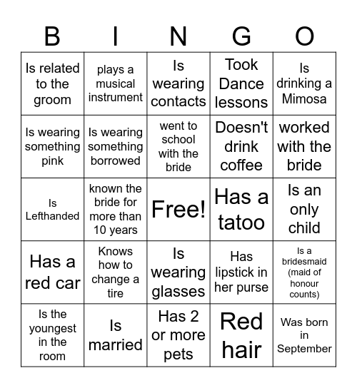 Laura's Wedding (find the guest) Bingo Card