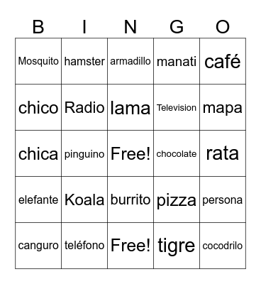 Animales - Personas - Objetos Bingo Card