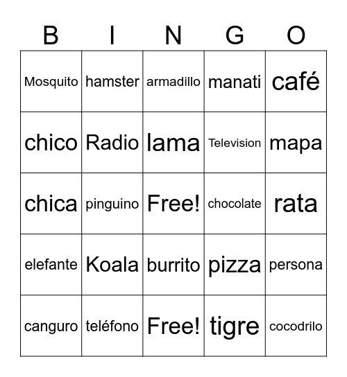 Animales - Personas - Objetos Bingo Card