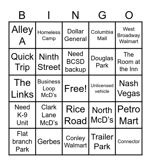 COMO Police Scanner Bingo Card